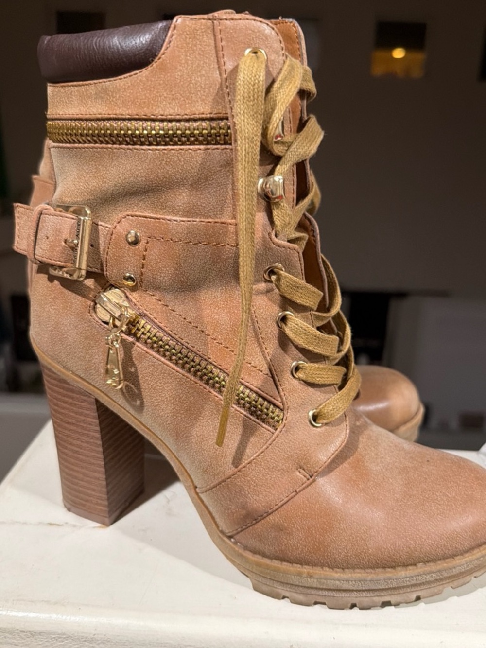G by GUESS Tan Lace-Up Chunky Heel Ankle Boots with Gold Hardware